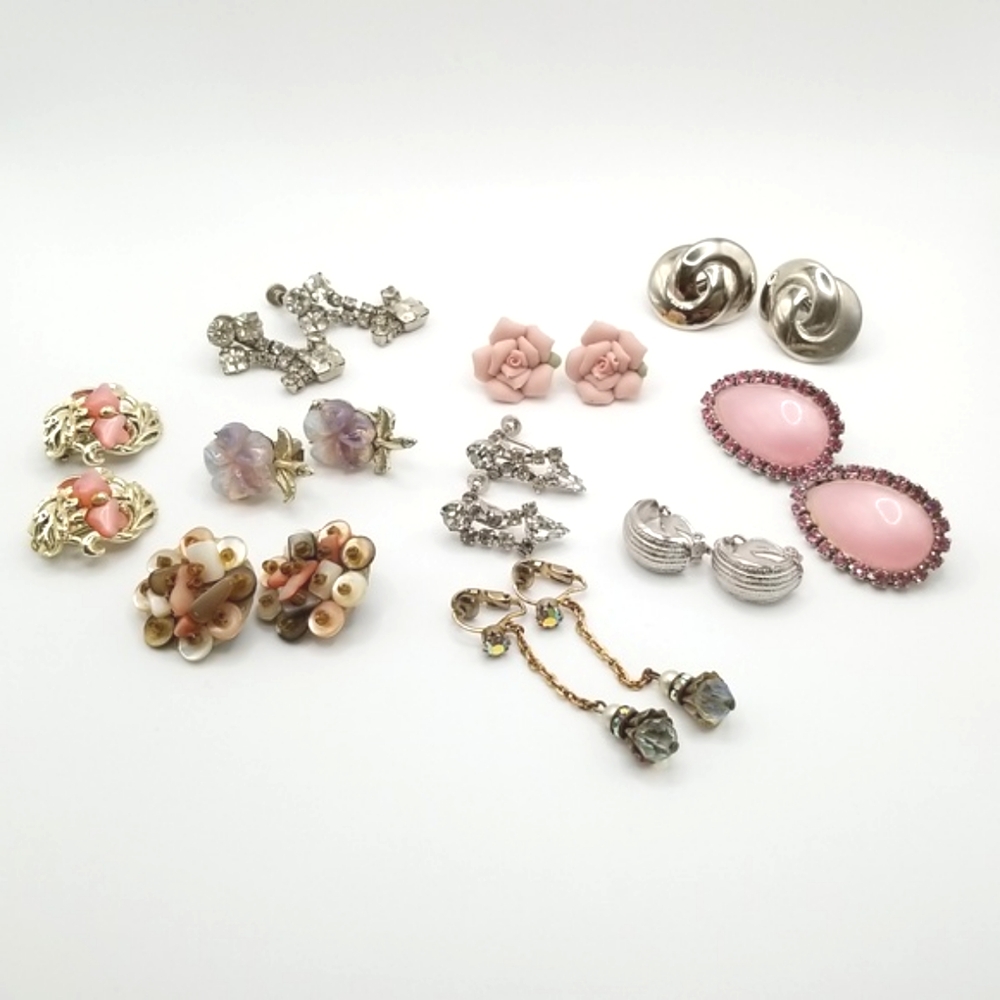 Vintage Earring Lot 10 Pair Clip-on & Screw-on Rhinestone Some Signed